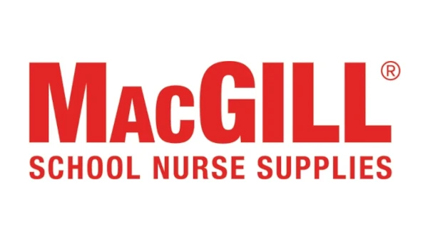 A red and white logo for macgill school nurse supplies.